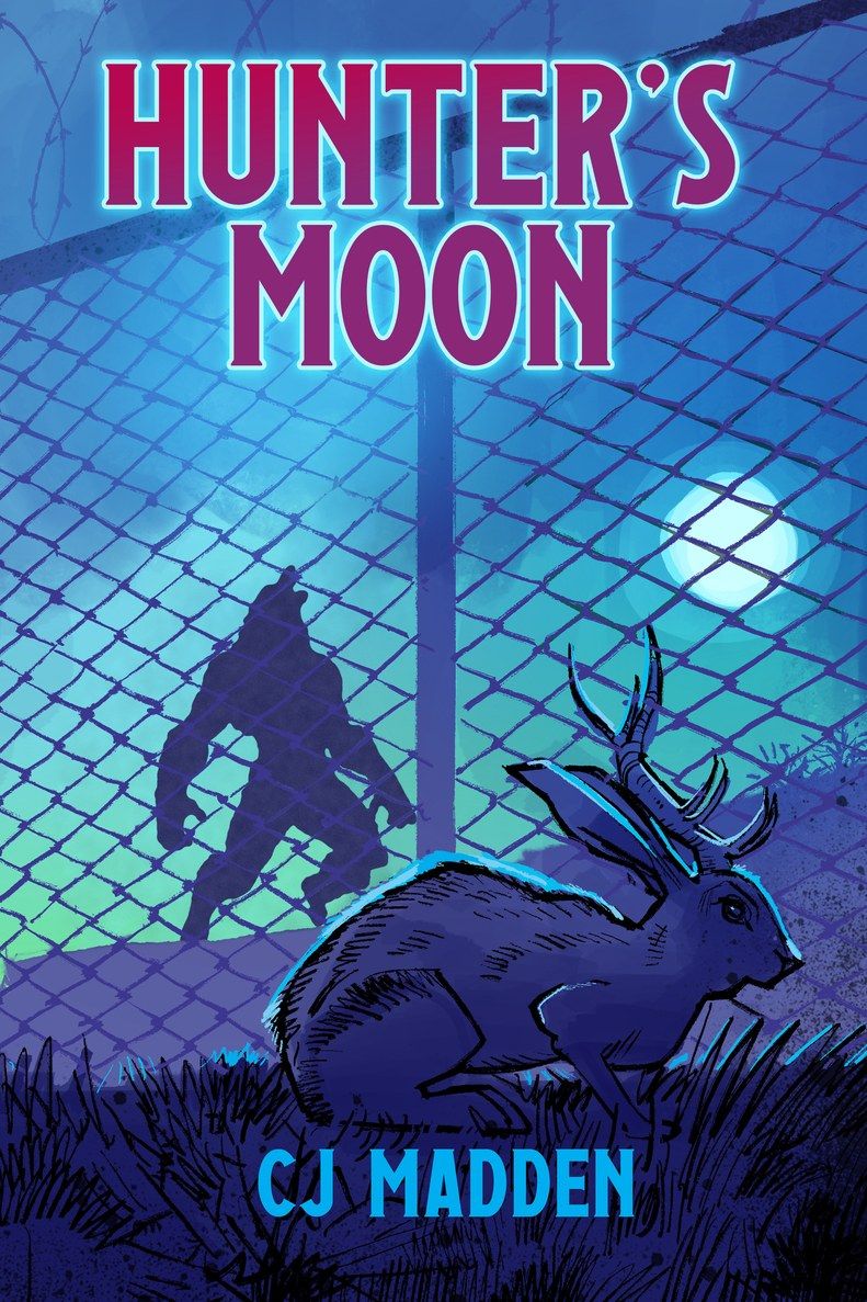 Hunter's Moon cover by Brett Weldele: a werewolf silhouette and a jackalope beneath a full moon behind a chain-link fence