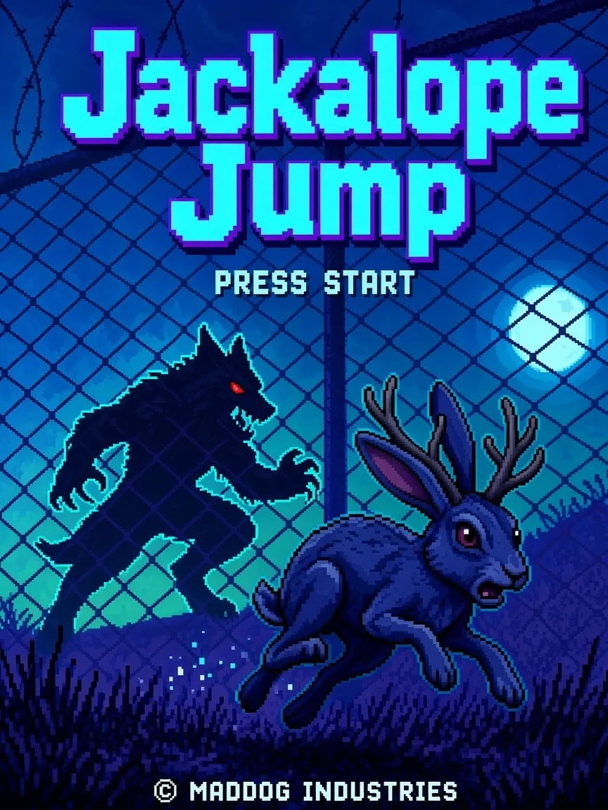 Jackalope Jump title screen: pixel-art night scene with the game title in glowing cyan, PRESS START, a red-eyed werewolf lunging in front of a chain-link fence under the moon, and a startled antlered jackalope leaping through the grass. © Maddog Industries.